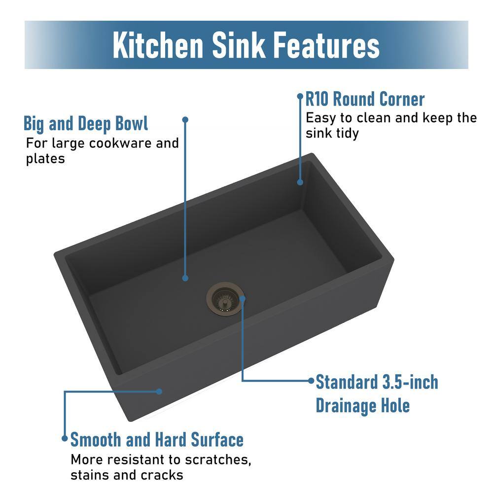 33'' Black Earth Concrete Farmhouse Apron Single Bowl Kitchen Sink