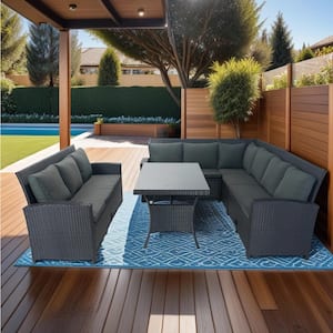 Black 5-Piece Wicker Outdoor Sofa Sectional Set with Dark Gray Cushions and 3-Waterproof Storage Spaces