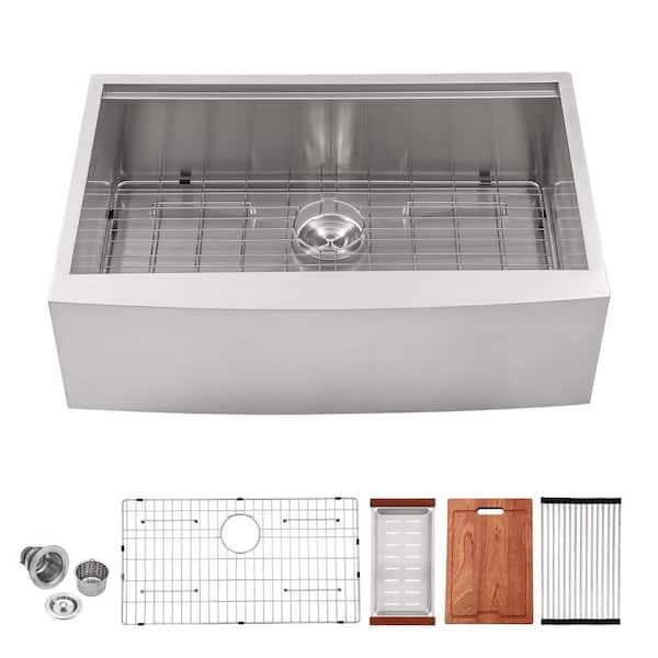 Sarlai 33 in. Farmhouse Single Bowl 16 Gauge Stainless Steel Right Angle Apron Front Workstation Kitchen Sink with Strainer