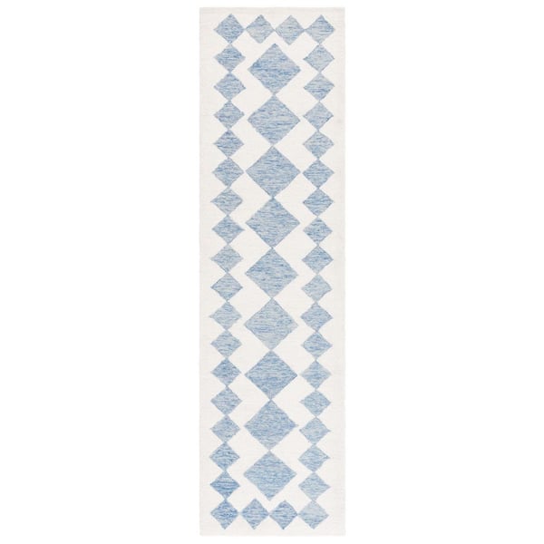 Ebony 2 ft. x 9 ft. Blue/Ivory Geometric Border Diamond Runner Rug