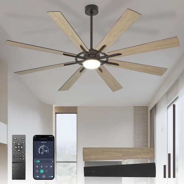 72 in. Wood Brushed Black 8 Blade Downrod Mount Large Ceiling Fans with Light Included Remote APP Control Dimmable LED