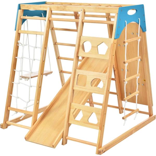 Tatayosi 8in1 Slide Playset Toddlers Wooden Climber with Rope Wall