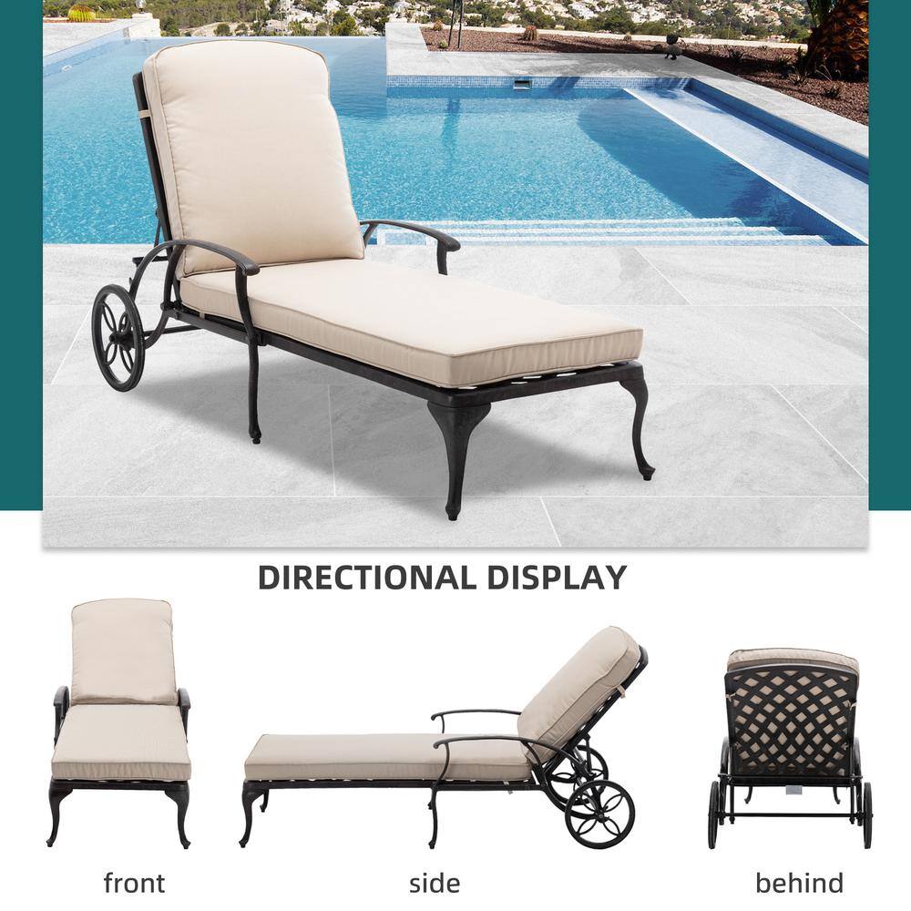 Beige Cushioned Cast Aluminum Chaise Lounge with Arms