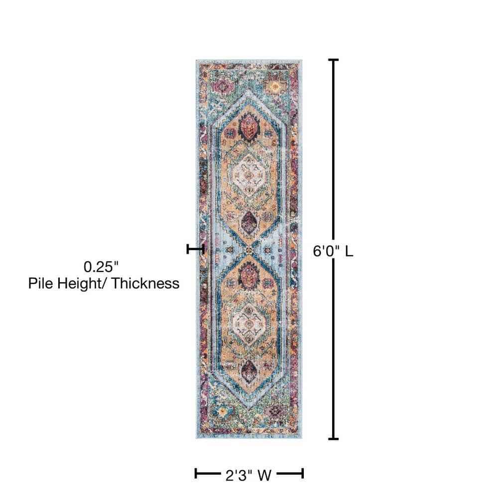 Blue and Camel Distressed Polyester Runner Rug, 2'3" x 6'