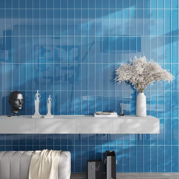 Ocean Blue 4 in. x 16 in. Polished Glass Mosaic Tile (5.33 sq. ft./Case)