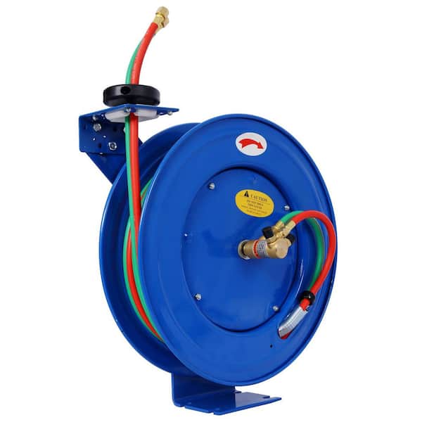 Welding Hose Reel Retractable 1/4 in x 50 ft Twin Oxygen Acetylene Rubber Hoses Duty Max 200PSI Heavy Duty Single Arm