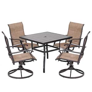 5-Piece Steel Sling Outdoor Patio Dining Set with Square Table and Swivel Dining Chairs in Brown