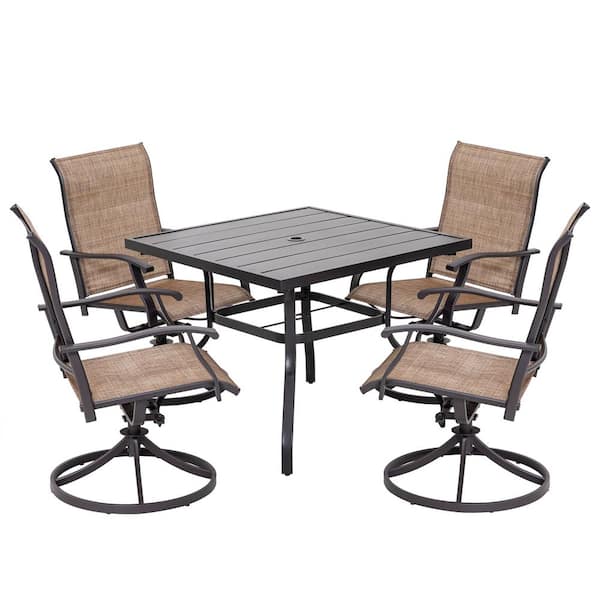 5-Piece Steel Sling Outdoor Patio Dining Set with Square Table and Swivel Dining Chairs in Brown