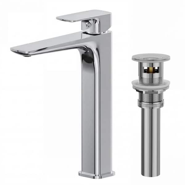 11.5 in. H Single Handle Solid Brass Vessel Sink Faucet with Pop-Up Drain, High-Shine Finish in Chrome