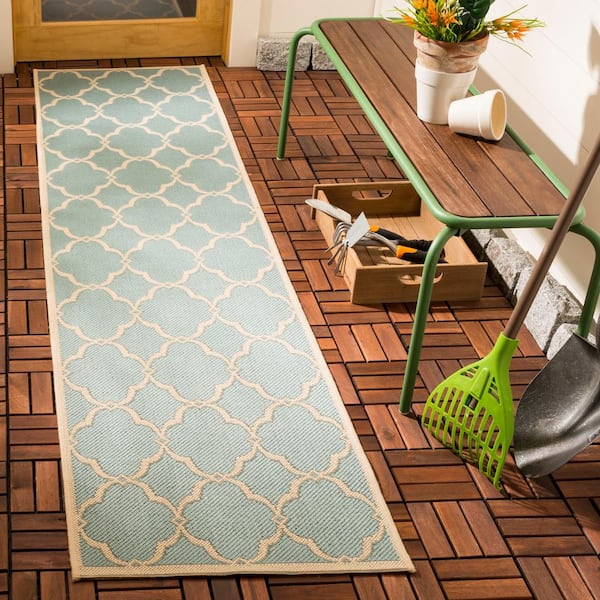 Beach House Aqua/Cream 2 ft. x 8 ft. Geometric Indoor/Outdoor Patio  Runner Rug
