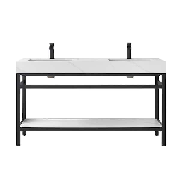 Funes 60 in. W x 22 in. D x 33.9 in. H Double Sink Bath Vanity in Matt Black Metal Stand with White Sintered Stone Top