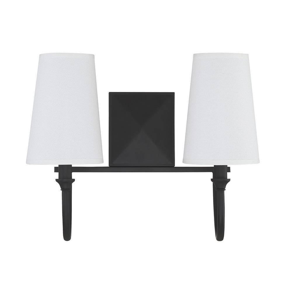 Cameron Matte Black 2-Light Vanity with Tall White Fabric Shades