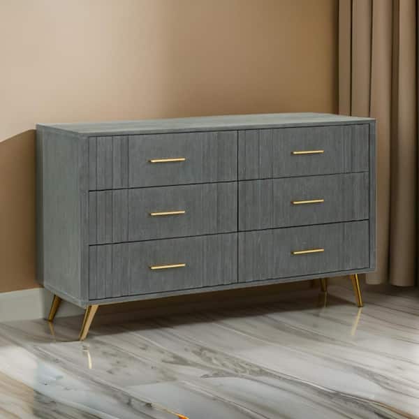 Benjara Gray and Brass Gold 6-Drawers 63 in. Dresser Without Mirror