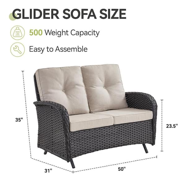SleekArm Black PE Wicker Outdoor Glider Loveseat with Beige Cushions and Glide Function