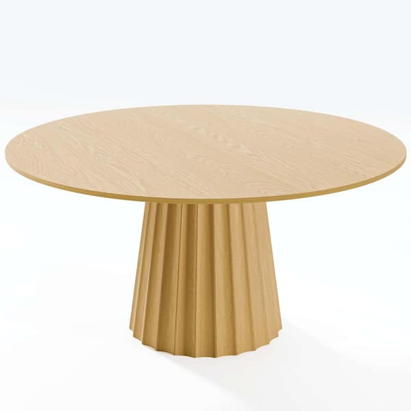 Cone Natural Colored Wood 60" Column Base Wide Strip Concave Straight Edge Dining Table for 8