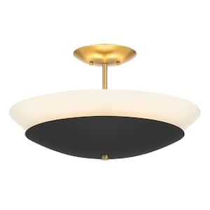 Bax 18.625 in. 3-Light Sand Black and Soft Brass Flush Mount with Frosted Opal Glass Shade