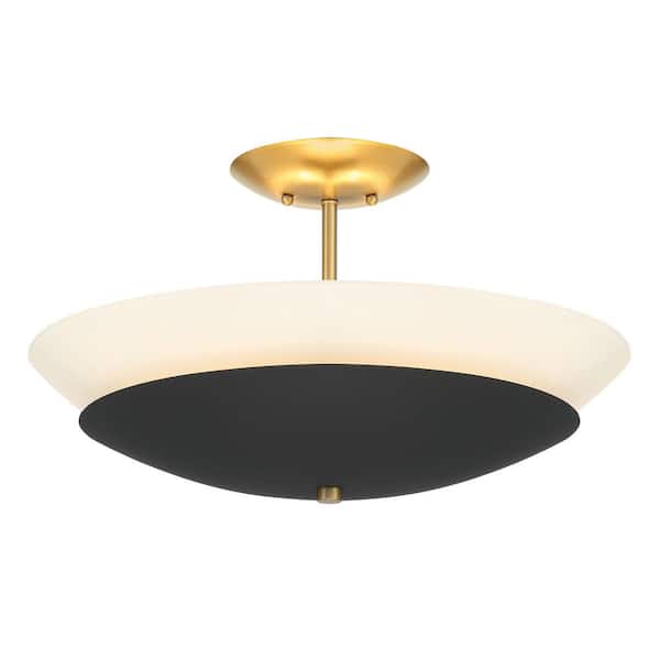 Minka Lavery Bax 18.625 in. 3-Light Sand Black and Soft Brass Flush Mount with Frosted Opal Glass Shade