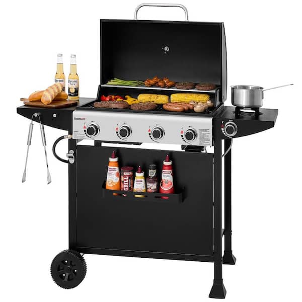 4-Burner Propane Gas Grill with Side Burner and Hooks, 49,000 BTU, 625 Sq. In. Cooking Area, Black, for Outdoor