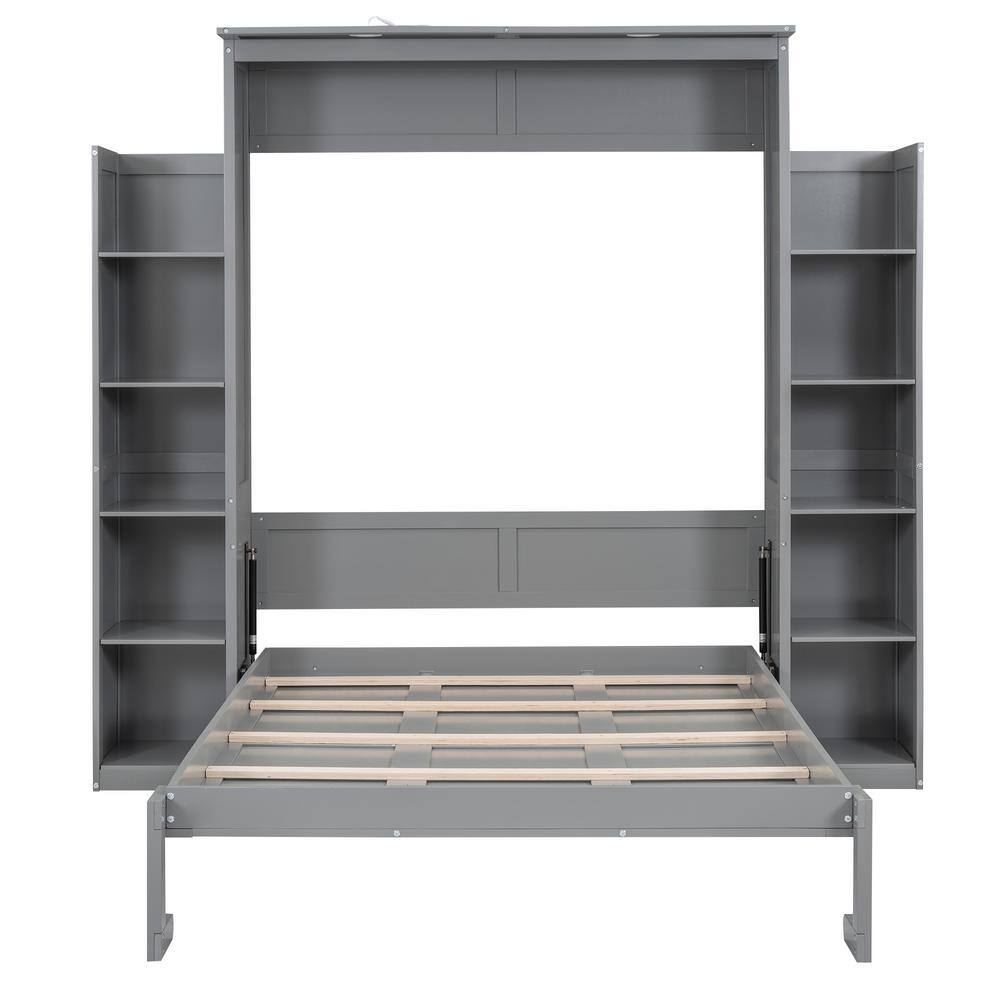 Gray Wood Frame Queen Size Murphy Bed Wall Bed with Storage Shelves and LED Lights - thumbnail 8