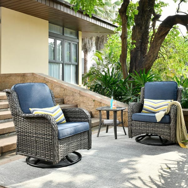 OVIOS Joyoung Gray 3-Piece Wicker Outdoor Patio Conversation Seating Set with Denim Blue Cushions and Swivel Rocking Chairs