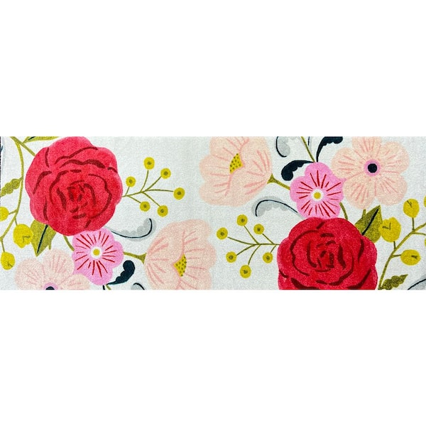 Studio 67 Flora Red Pink Green White 2 ft. 3 in. x 3 ft. 11 in. Medium Mat Washable Floor Mat Area Rug