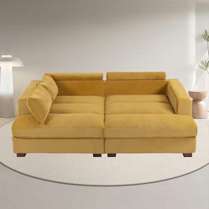 Modern 84 in. Square Arm Polyester Corduroy Upholstery Rectangle Chaise Deep-Seated Sleeper Sectional Sofa in Yellow