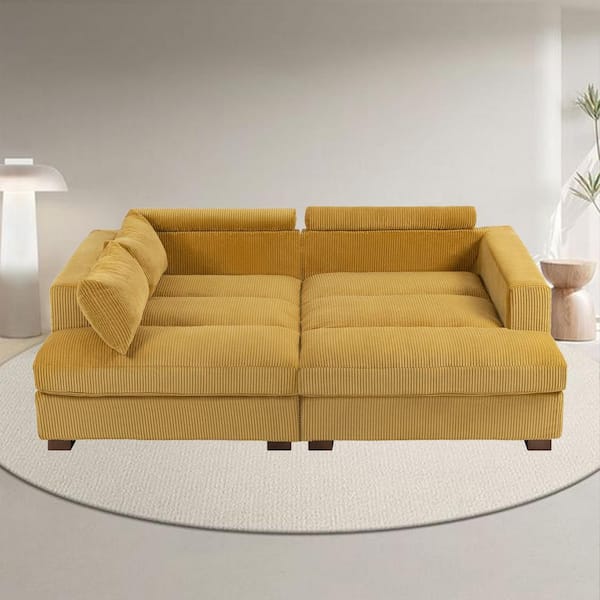 Monland Modern 84 in. Square Arm Polyester Corduroy Upholstery Rectangle Chaise Deep-Seated Sleeper Sectional Sofa in Yellow