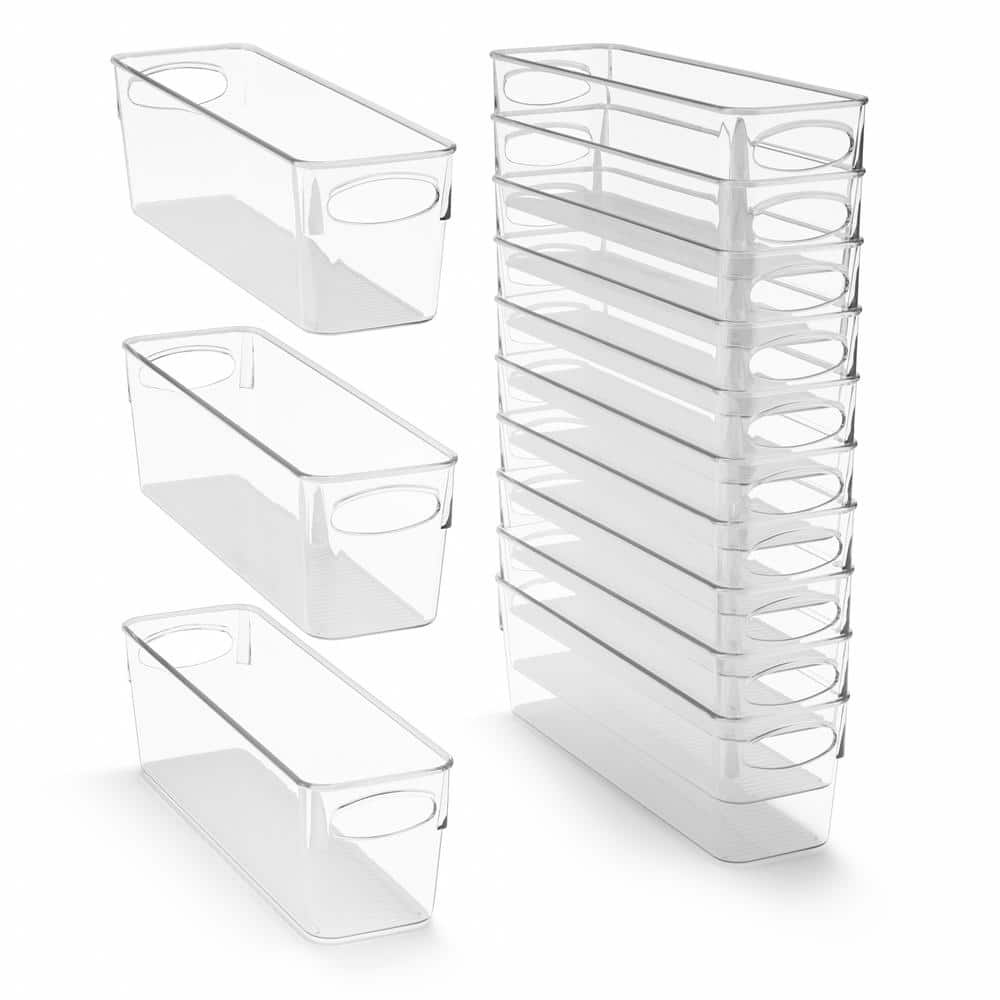 Narrow Clear Plastic Storage Bins with Handles for Shelves-10-Pack Organize