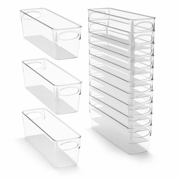 Narrow Clear Plastic Storage Bins with Handles for Shelves-10-Pack Organizers and Storage