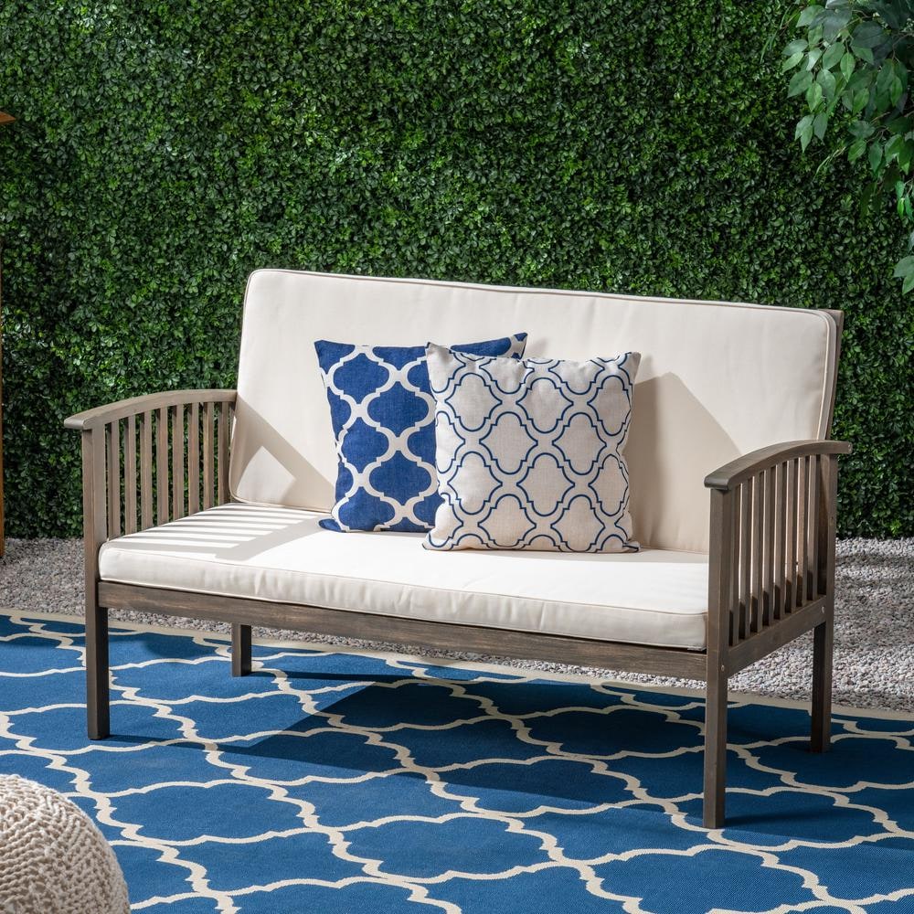 1-Piece Acacia Wood Outdoor Loveseat with Cream Cushions