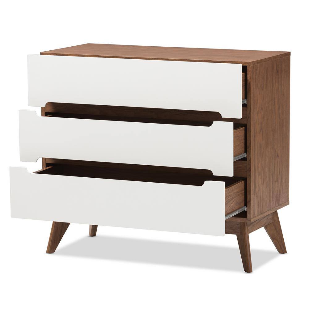 White and Walnut Mid-Century Modern 3-Drawer Chest