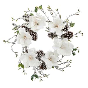 24 in. Artificial Snowed Magnolia and Pine Cone Wreath