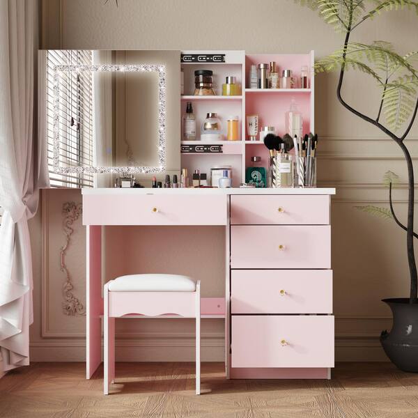 FUFU GAGA 5 Drawers Pink Wood LED Push Pull Mirror Makeup Vanity Set Dressing Table Sets with Stool and LED Lights with Crystal KF210254 02 The Home Depot