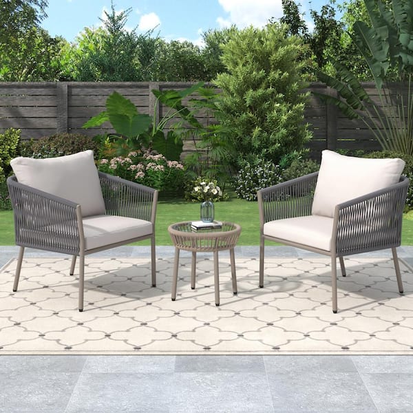 Harper & Bright Designs Gray 3-Piece Metal Outdoor Woven Rope Bistro Set with Beige Cushions and Table