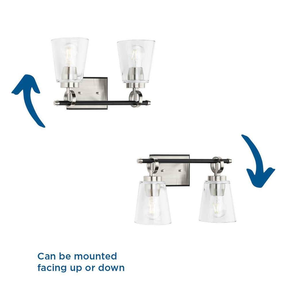 Cassell 2-Light Brushed Nickel and Matte Black Vanity Fixture with Clear Glass Shades
