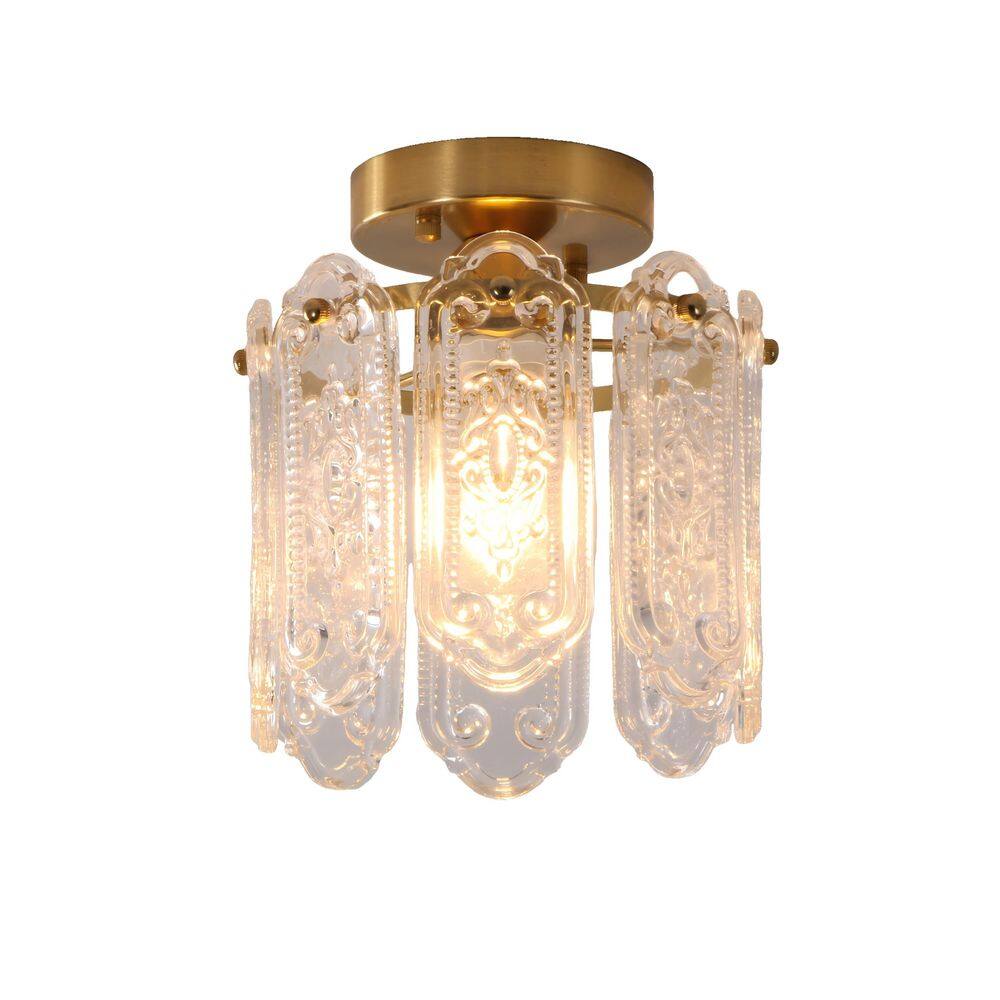 Bomke 7.7 in. Modern Drum Brushed Brass Semi-Flush Mount Ceiling Light with Embossed Glass Shade for Bedroom price history on PriceWatchPro