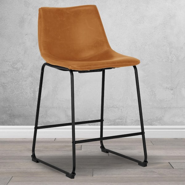 Glamour Home Set of 2 Adan Iron Frame Vintage Cappuccino Brown 23.5 in. Faux Leather Counter Stool