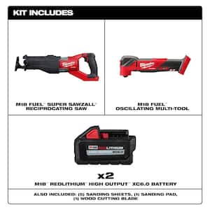 M18 FUEL 18V Lith-Ion Brushless Cordless Super SAWZALL Reciprocating Saw w/Multi-Tool & (2) High Output 6.0Ah Battery