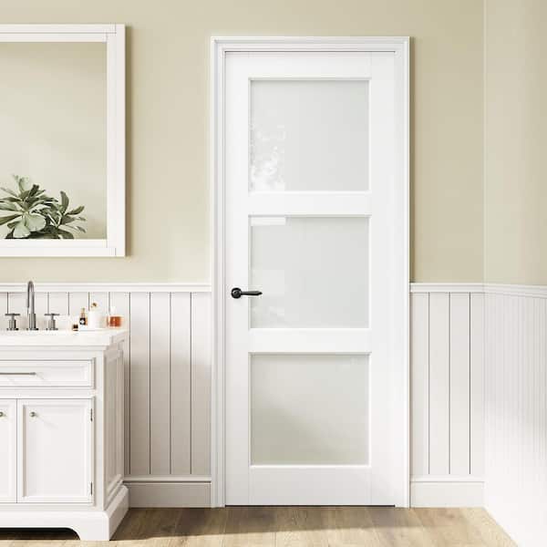 30 in. x 80 in. 3-Lite Tempered Frosted Glass and Solid Core Manufacture Wood White Primed Interior Door Slab