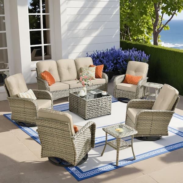 Vinceny Gray 8-Piece Wicker Patio Conversation Set with Beige Cushions and Coffee Table