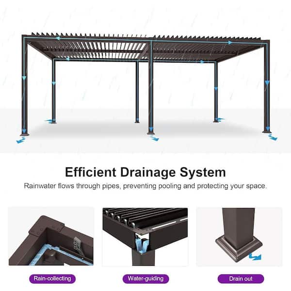 13.1 ft. x 19.8 ft. Bronze Aluminum Outdoor Louvered Pergola with 4-Individual Adjustable Roofs and In-Built Gutter