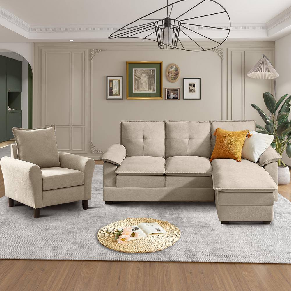 STICKON 3 -Pieces Beige Fabric Living Room Sets with 82.28 in. L Shaped ...