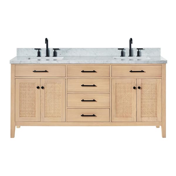 Camila 73 in. W x 22 in. D x 36 in. H Double Sink Bath Vanity in White Oak with Italian Carrara Marble Top