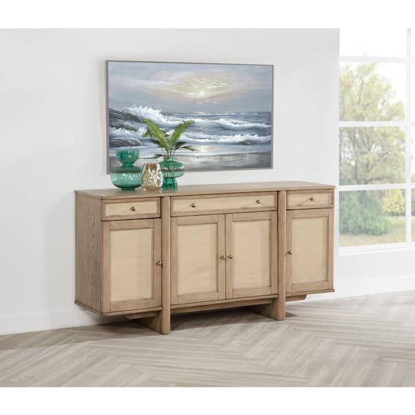 Coaster Kailani Beige Oak Wood Top 66 in. Dining Sideboard Buffet Cabinet with Hand-woven Cane Doors and Drawers