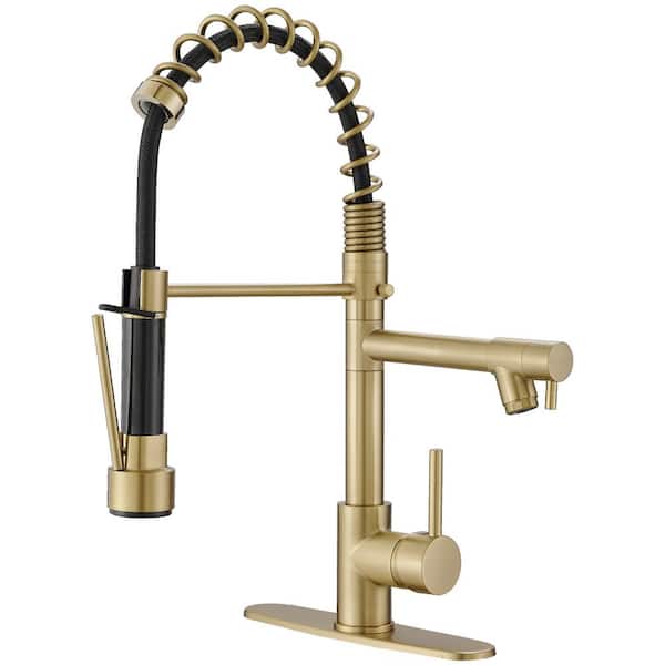 Pro Style Spring Single Handle Brushed Gold 18.4 in. H Dual Spout Pull-Down Kitchen Faucet W/ 180 Swivel