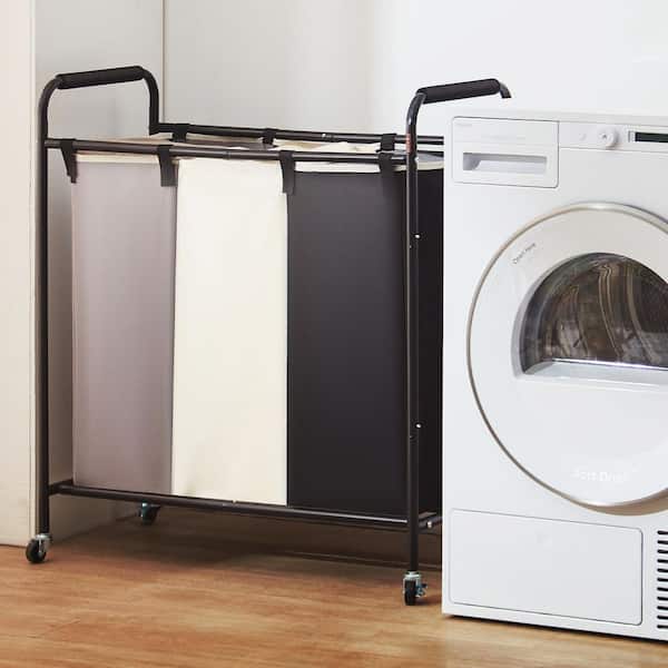 3Section Laundry Basket, Heavy Duty Laundry Hamper Storage Organizer, Laundry Sorter Cart, Wheels Kitchen Cart Black