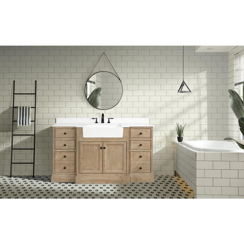 Kelly 60" Weathered Fir Bathroom Vanity with White Stone Countertop