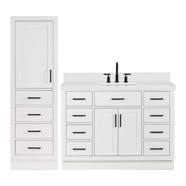 Hepburn 49 in. Single Sink Bath Vanity with Pure White Quartz Top and Linen Cabinet in White