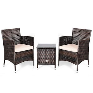 3-Piece Wicker Patio Conversation Set with White Cushions and Small Coffee Table