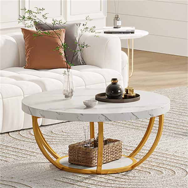 Inaayah 31.7 in. White Gold Small Round MDF Coffee Table with Storage, Modern Center Table for Living Room